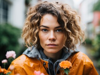 Wall Mural - a woman with curly hair wearing an orange rain coat