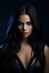 Poster - a woman with long black hair and blue eyes