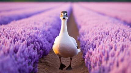 Wall Mural - a duck walking on a field of lavender