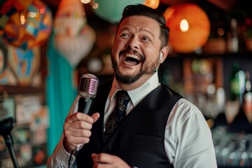 Poster - A lively male singer with a microphone, passionately performing in a bar with colorful lights