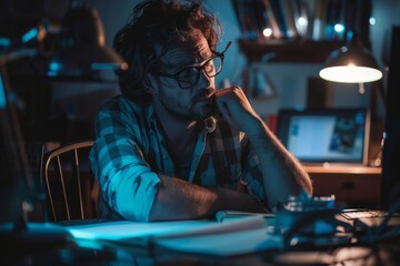 Aufkleber - A focused man with glasses working diligently on his computer in a dimly lit room late at night, showing dedication and concentration