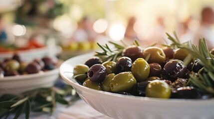 Wall Mural - A plate of green and black olives on the table. generative ai