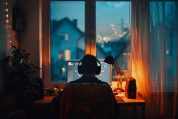 Aufkleber - A focused individual works on a computer in a warmly lit room with the city's night view