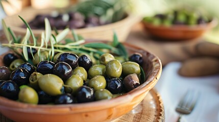 Wall Mural - A plate of green and black olives on the table. generative ai