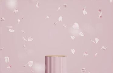 Wall Mural - 3D background, pink podium display. Flower, rose petals falling. Cosmetic, beauty product promotion step pastel pedestal. Abstract advertisement. Feminine 3D render copy space  mockup for woman