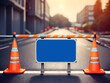 Under construction website design. Road signs on barriers with traffic cones indicate the reconstruction or rebuilding process.