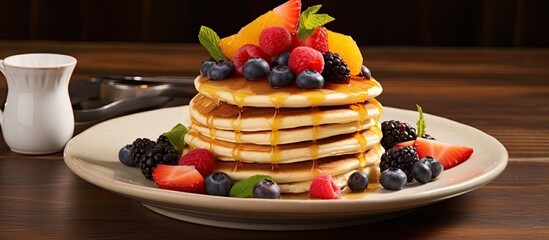 Wall Mural - A scrumptious stack of pancakes piled high and topped with a variety of fresh fruits, drizzled with sweet syrup for a burst of flavor.