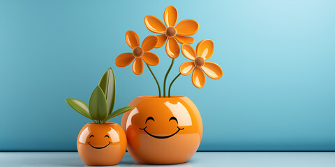 Wall Mural -  Smiling yellow 3D flower pot on a blue background, copy space