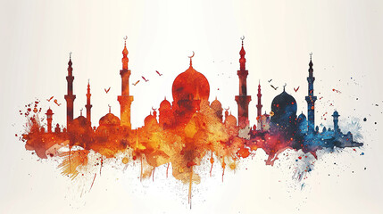 Wall Mural - Modern design in colors with pattern, mosque, old city, sun, illustration of mosque and birds