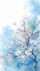  Generative AI image of soft watercolor cherry blossoms on a dreamy blue background
