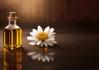 naturel oil in little bottle with wood background and flower