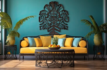 A living room in tropical style with a colorful couch