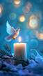 christmas scenario, candle and holy spirit in the form of a white dove of peace with copyspace, created with generative AI technology