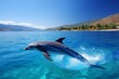 Energetic Dolphin Joyfully Leaping and Splashing Amidst the Sparkling Azure Blue Ocean Waves, Framed by the Magnificent Snow-Capped Peaks of a Majestic Mountain Range in the Serene Distance