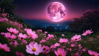 Canvas Print -  Moonlit serenity in a field of pink flowers