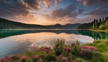 Canvas Print -  Tranquil lakeside sunset with vibrant reflections