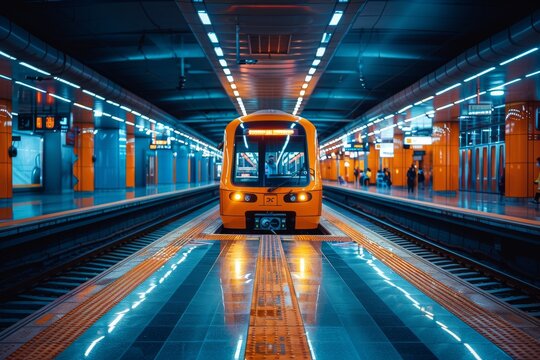 modern orange train stands idle at a brightly lit, empty underground metro station, evoking urban ef