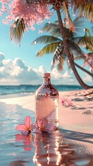 Wall Mural - message in a bottle on a serene beach with pink frangipani flowers