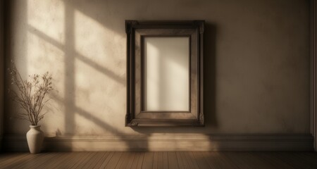 Canvas Print -  Elegant simplicity - A vase of dried flowers and a mirror frame on a wall