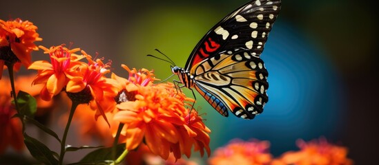 Wall Mural - A detailed close-up of a colorful butterfly delicately resting on the petals of a vibrant flower. The butterflys intricate wings contrast beautifully against the soft petals, showcasing natures