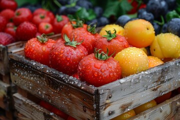 Sticker - Close-up of vibrant fresh picked berries glistening with raindrops in a rustic wooden crate