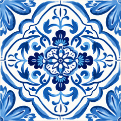 Wall Mural - Ethnic folk ceramic tile in talavera style with navy blue floral ornament. Italian seamless pattern, traditional Portuguese and Spain decor. Mediterranean porcelain pottery on white background