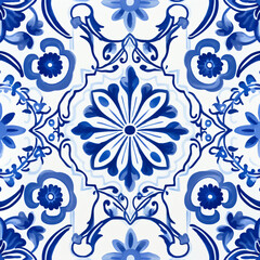 Wall Mural - Ethnic folk ceramic tile in talavera style with navy blue floral ornament. Italian seamless pattern, traditional Portuguese and Spain decor. Mediterranean porcelain pottery on white background
