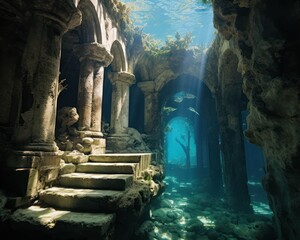 Heritage culture ruins depth preservation underwater ruins as a bridge to understanding ancient cultures cultural heritage style minimalist with cultural motifs among ruins