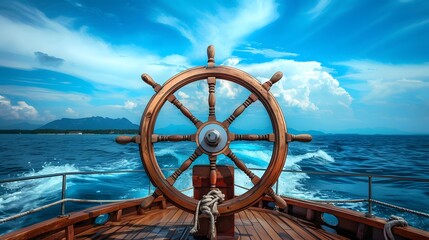 ship wheel on boat with sea and sky. freedom and adventure. direction concept
