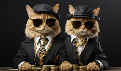 Wall Mural - Cool rich gangster boss cat hipster with sunglasses, hat, headphones, gold chain and money dollars. Business, finance, creative idea. Crypto investor cat is holding a lot of money. Winning, concept