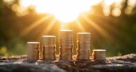  Sunlit stacks of coins, symbolizing wealth and prosperity