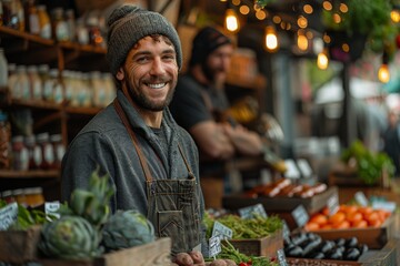 Cheerful man wearing a beanie and apron smiles warmly at an outdoor produce stand