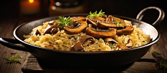 Sticker - A dish of rustic Italian risotto with porcini mushrooms is presented on a wooden table, showcasing a blend of flavors and textures. The earthy tones of the mushrooms complement the creamy rice