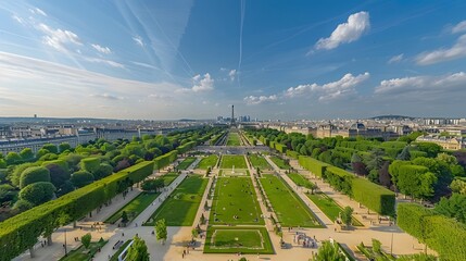 very wide angle panoramic aerial view of the famous jardin des tuileries park of paris near the louv