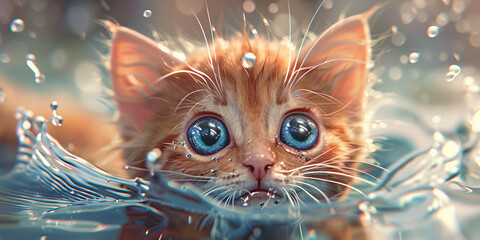  kitten is swimming in water with blue eyes, generative AI