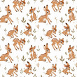 Watercolor cute bambi on white background, seamless pattern