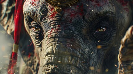 A battleworn war elephant adorned with scars and battle decorations its eyes reflecting the wisdom and experience of countless conflicts.