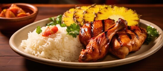 Canvas Print - A plate featuring a grilled chicken leg served with juicy pineapple slices and fluffy rice. The dish is a perfect blend of sweet and savory flavors.