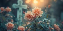 Cemetery, Cross In The Cemetery, Flowers, Roses, Funeral, Mysterious And Calm Atmosphere Of Peace