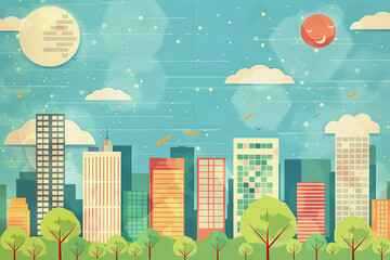 Wall Mural - Illustration of city paper in the daytime on a blue sky background with trees and clouds. 