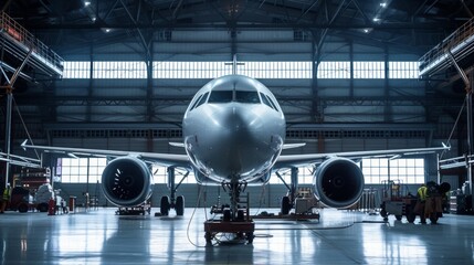 Passenger aircraft on maintenance of engine and fuselage repair in airport hangar