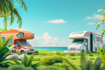 Advertisement for RVs and vehicles on green grass in cute cartoon design style.