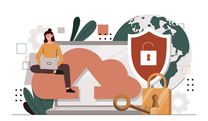 Poster - woman with cloud computing. young girl with laptop and electronic storage and archive. online inform