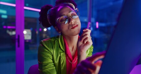 Fototapete - Woman, night and web development on computer, eyewear and ideas for programming or coding in office. Female person, thinking and reflection for website in neon light, project and planning in dark