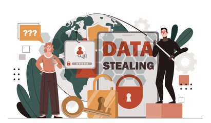 Poster - sad woman with data stealing. hacker steals personal information from young girl. dangerous and crim