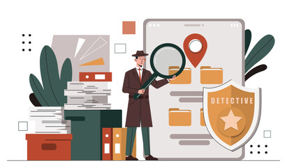 Poster - detective investigate crime. man with magnifying glass near officer badge. police officer at workpla