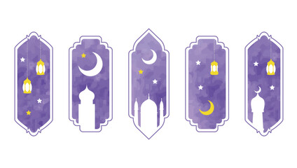 Ramadan Kareem, Eid Mubarak greeting icon. Illustration set of middle eastern landscapes of night sky studded with stars and  elegant crescent moon in watercolor style. 