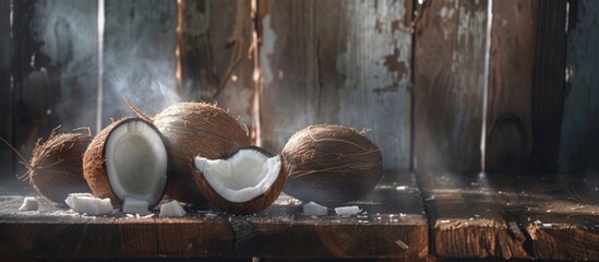 Wall Mural - Two fresh coconuts are placed on top of a weathered wooden table, showcasing a simple yet natural arrangement.