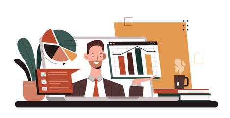 Poster - freelance work place. laptop with video call. businessman with graphs and diagrams. remote worker an