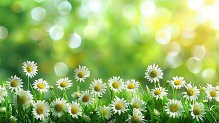 Wall Mural - Daisy on green sunny spring meadow. Luminous blurred background with light bokeh